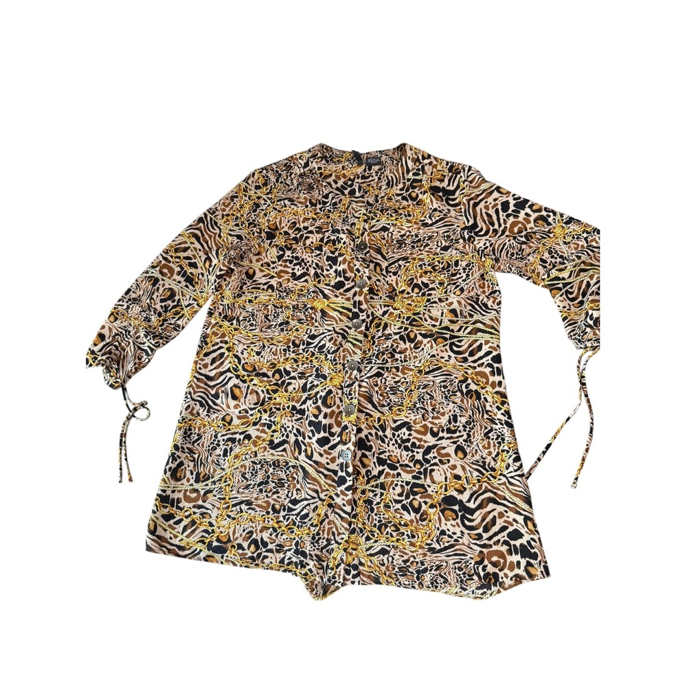New Directions Animal Print Chain Link Button Down Tunic Blouse Brown Gold M